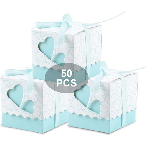 meimieshop-Lot De 50 Boîtes Bonbonnières,Pour Dragées Et Cadeaux,Avec Ruban En Satin-Motif:C?urs-Bleu Clair