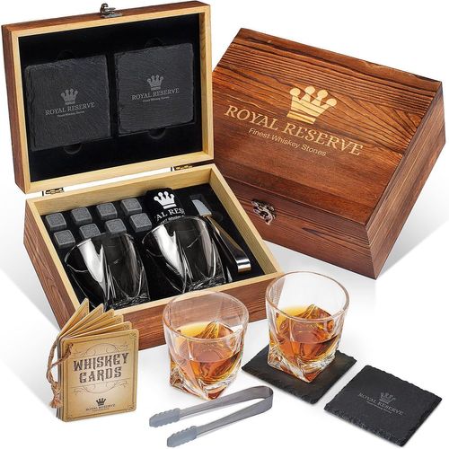 Meimieshop-Coffret Whisky Cadeau¿Verres,Glacon Pierre Reutilisable,Dessous De Verre,Pinces À Glace,Boîte En Bois,Cartes Recettes,Sac En Velours¿Service A Whisky Pour Homme De Royal Reserve