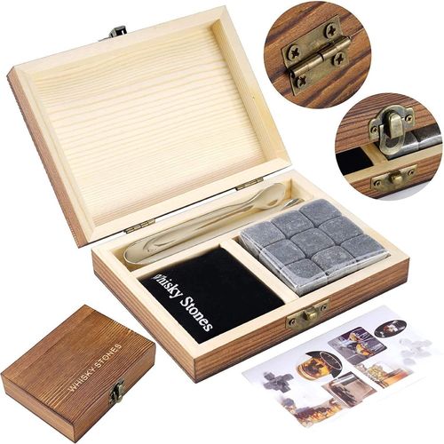 Meimieshop-Coffret Cadeau Pierres Froides Pour Whisky Et Boissons Avec Boî Te En Bois Fabriquée À Lamain,9 Pierres À Whisky En Granit Et Sac En Velours,Glaçons Réutilisables,Pour Lui,Garçon D'honneur,Père