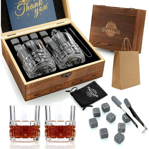 Meimieshop-Ensemble-Cadeau Pour Hommes De Pierres Et Verres À Whisky,Glacon Reutilisable Avec Coffret,8 Granit Pierres À Whisky Et 2 Verres