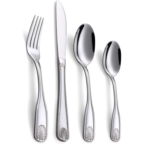 Meimieshop-Ensemble De Couvert En Acier Inoxydable 16 Pièces Pour 4 Personnes¿Design Coquillage,Polimiroir,Lave-Vaisselle Inclus(Couteaux,Fourchettes,Cuillères)