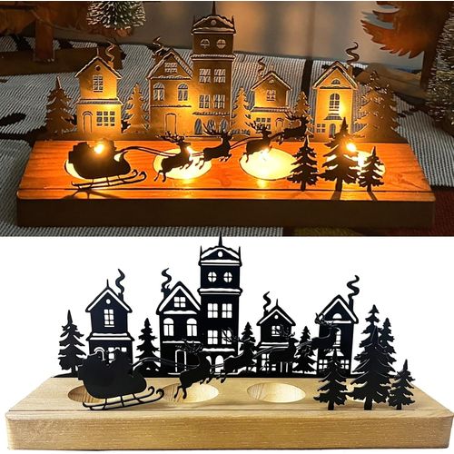 Meimieshop-Bougeoir Couronne De L'avent Pour 4 Bougies Chauffe-Plat-Bougeoir En Bois Avec Assiettes Enmétal-Plateau De L'avent-Photophore Pour Décoration De Table-Décoration De Noël
