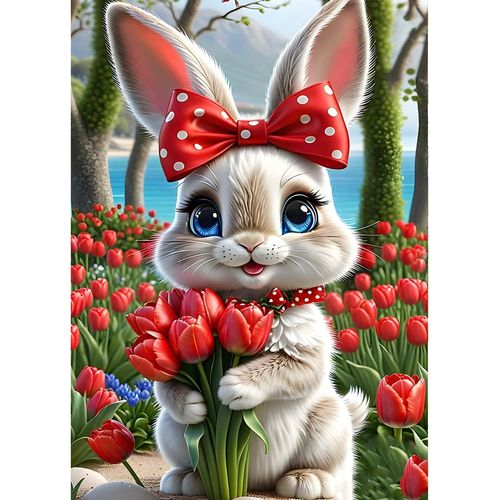 Meimieshop-Diy 5dmignon Lapin Peinture Diamant Painting Kit,5d Tulipe Art Du Diamant Complet Kits,Fleurs Diamond Art Kits Point De Croix Painting Pour Adultes Débutantsmaison Décor 30x40cm