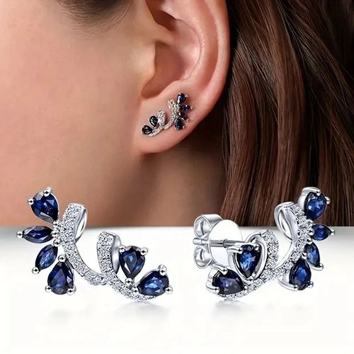 Boucles D'oreilles Femme Élégantes En Argent Avec Pierres Bleues Et Zircons Bijou Raffiné