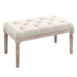 Lunirinxs ¿ Pouf Vintage Aspect Lin, Repose-Pieds Rembourré Crème Blanc Avec Pieds En Bois, 80 X 40 X 43 Cm, Charge Max 120 Kg, Idéal Pour Salon Et Chambre