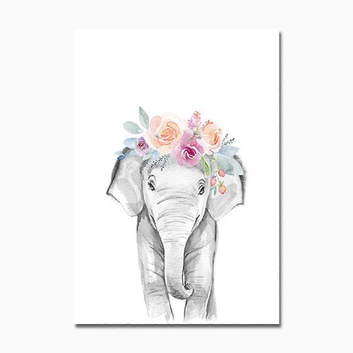 Animaux Couronne florale Art Décor Toile Peinture, Bébé Fille Imprimes Animal Girafe Éléphant Lion Mur Art Image Nursery Affiche