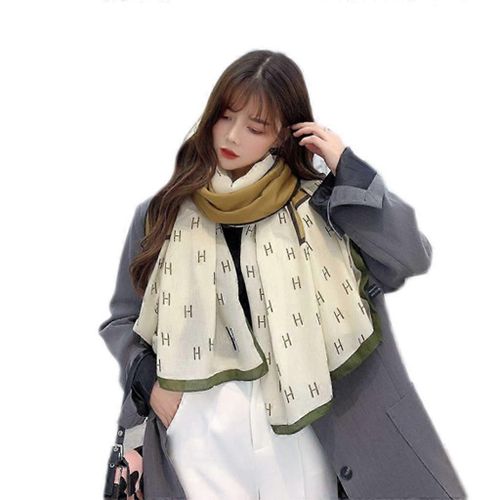 Femmes Automne H Lettre Imprimer Surdimensionné Longue Écharpe Contraste Couleur Patchwork Châle Wrap Hiver Voyage En Plein Air Crème Solaire Couverture Cou Cache-Cou