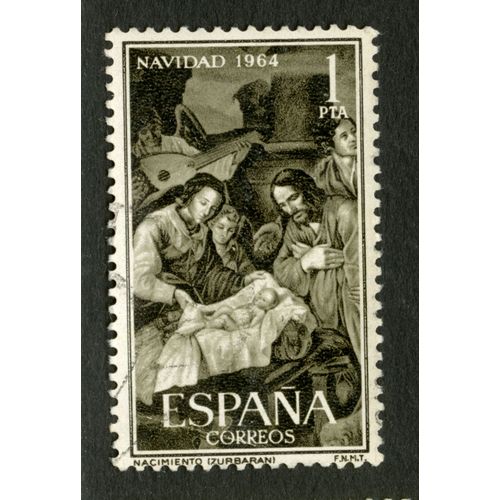 Timbre Oblitéré Espana, Correos, Nacimiento, Zurbaran, Navidad 1964, 1 Pta