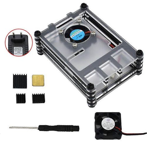 Acrylique pour boîtier avec ventilateur de refroidissement pour Raspberry Pi 4 Modèle B 5V 3A PSU Type C