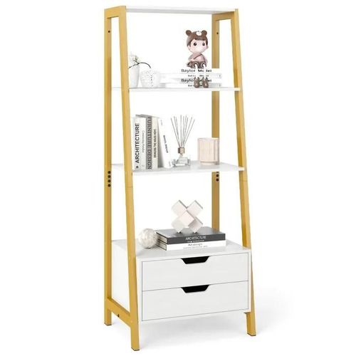 Costway Bibliothèque Échelle Autoportante 134 Cm Avec 4 Étagères Ouvertes, 2 Tiroirs, Pour Chambre Salon Bureau, Blanc Et Or