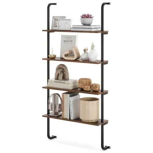 Meuble Étagère Murale Industrielle À 4 Niveaux Costway, Cadre En Métal, Rangement Pour Salon Cuisine Bureau, Chêne Rustique Brun