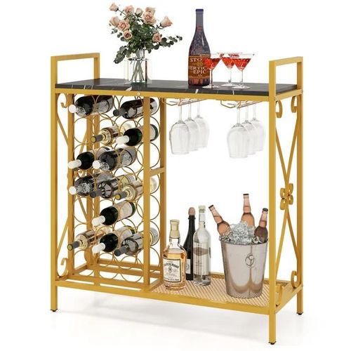 Costway Casier À Vin Sur Pied Pour 21 Bouteilles, Meuble Bouteilles Avec Porte-Verres, Plan De Travail Noir En Bois, Cadre En Métal