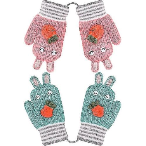 2 Paires De Gants Tricotés Mignons Pour Enfants Avec Ficelle