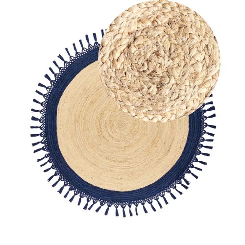 Tapis Rond En Jute D 140 Cm Beige Et Bleu Foncé Marts