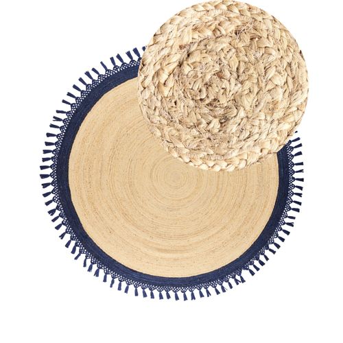 Tapis Rond En Jute D 200 Cm Beige Et Bleu Foncé Marts