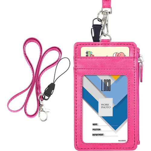 Pu Leather Id Badge Holder With Zipper,1 Id Slot,4 Card Slots,And 20"" Pu Leather Neck Strap Lanyard For Women And Men,Vertical Hot Pink