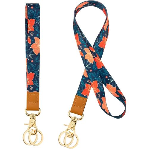 Lanyard Neck Strap,Key Chain Bracelet Wrist Strap With Floral Print For Id Badges,Keys,Camera,Mobile Phone (Orange)