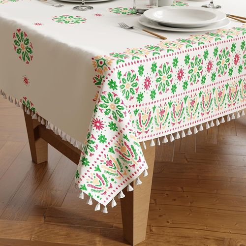 Silky Polyester Tablecloth For 6 To 8 Seater Table | Bright Green Bohemian Print Design With Tassels | Use Kitchen,Indoor And Outdoor Parties With Size 140 X 240 Cm