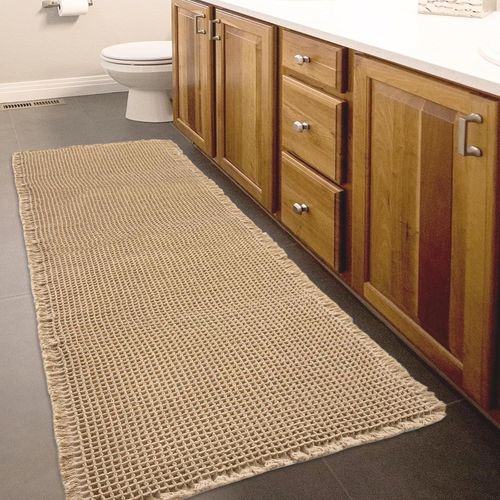 Waffle-Tapis de bain super absorbant-61 x 183 cm-Antidérapant-Lavable en machine-Confortable-Avec pompons-Style bohème-Pour sol de salle de bain (marron)