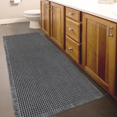 Waffle-Tapis de bain super absorbant-61 x 183 cm-Antidérapant-Lavable en machine-Confortable-Avec pompons-Style bohème-Pour sol de salle de bain-Gris foncé