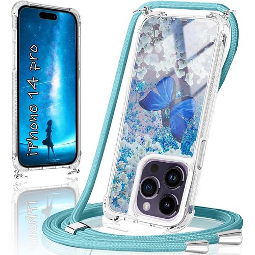 Ershi-Coque Iphone 14 Pro Avec Cordon Et Collier - Housse Ultra Fine Tpu Paillettes Transparent Silicone Bling Antichoc - Etui Ori[3