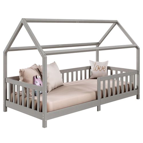 Lit Cabane Nina Lit Enfant Simple Montessori En Bois 90 X 190 Cm, En Pin Massif Lasuré Gris