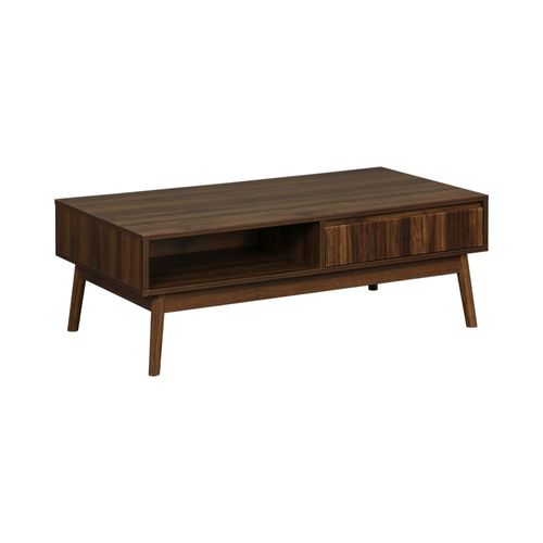Table Basse Couleur Teinté Noyer. Linear. Décor Bois Rainuré. Pieds Compas. 2 Niches. 1 Tiroir. L 110 X L 59 X H 39cm