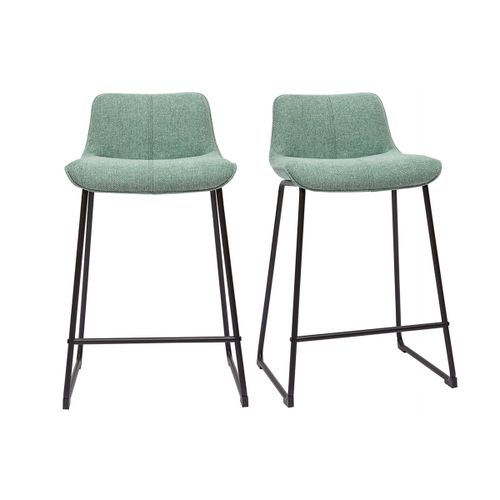 Tabourets De Bar En Tissu Effet Velours Texturé Céladon Et Métal Noir H65 Cm (Lot De 2) Boost