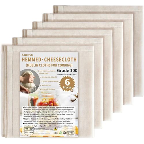 Muslin Cloths For Kitchen,50x50cm,Grade 100 Reusable Muslin Cloths With Hems For Filter,100% Pure Unbleached Cotton For Cooking,Juice,Cheese Making (Pack Of 6)