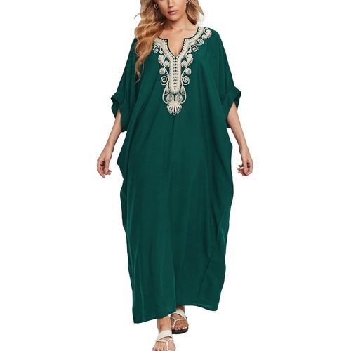 Embroidered Floral Loose Kaftan Boho Beach Bikini Cover Dress Plus Dress For Women.[E358]