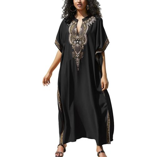 Embroidered Floral Loose Kaftan Boho Beach Bikini Cover Dress Plus Dress For Women.[E368]