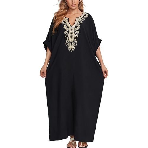 Embroidered Floral Loose Kaftan Boho Beach Bikini Cover Dress Plus Dress For Women.[E366]