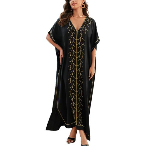 Embroidered Floral Loose Kaftan Boho Beach Bikini Cover Dress Plus Dress For Women.[E364]