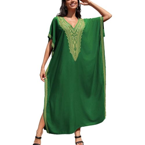 Summer Cotton Embroidered Floral Loose Kaftan Boho Beach Bikini Cover Up Dress Large Size Dress For Women.[E144]