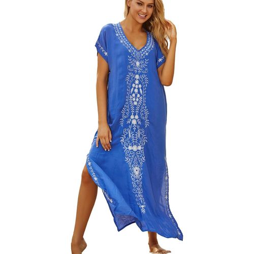 Summer Cotton Embroidered Floral Loose Kaftan Boho Beach Bikini Cover Up Dress Large Size Dress For Women.[E143]