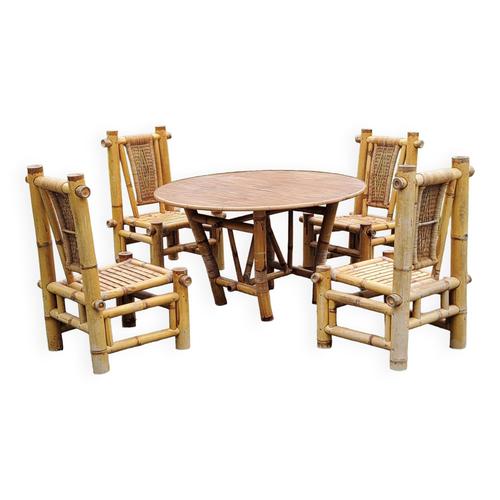 Salon De Jardin Table Manger Et 4 Chaises En Bambou Et Rotin Des Annes 70 Bois