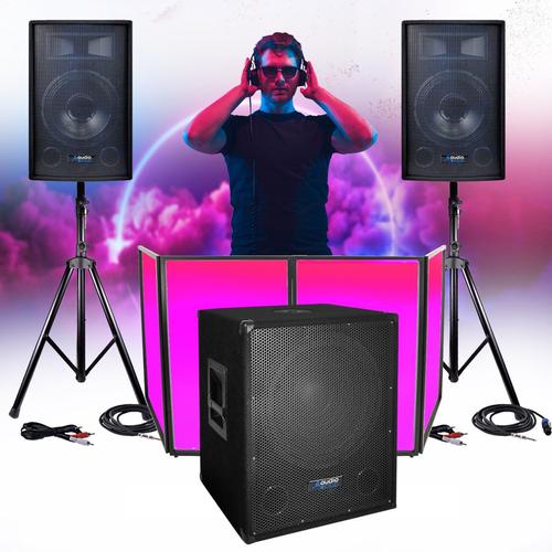 PACK SONO 2200W - CLUB1512 Enceintes + Caisson/SUB 38cm + Pieds - USB/BLUETOOTH, Stand Lycra, Câblages complet, DJ Animations