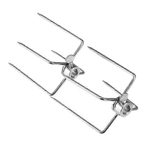 2Pcs BBQ Rotisserie Meat Forks Clamp Grill Meatpicks Stainless Barbecue Skewer JN