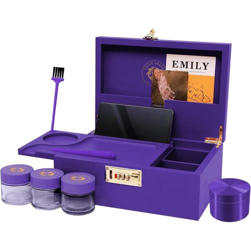 ChenQuanSarl-Boîte De Rangement En Bambou Violette ¿ Coffret Cadeau Avec Moulin À Herbes, Boîte En Bois Verrouillable Et 3 Pots De Rangement | Kit DAccessoires Premium