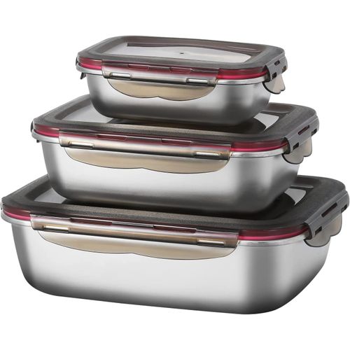 Chenquansarl-3 Pièces Récipients Alimentaires En Acier Inoxydable Avec Couvercles Hermétiques Boîtes Alimentaires Empilables 600ml/ 1500ml/ 2900ml