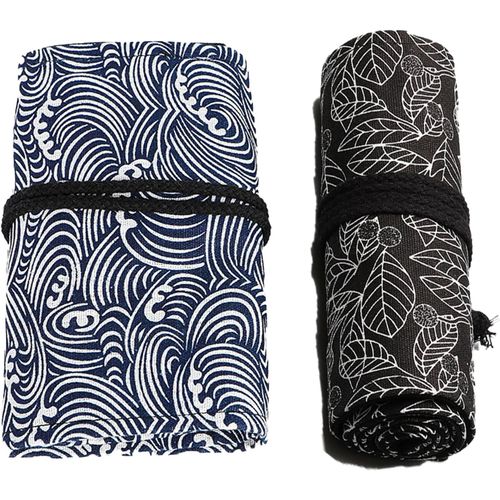 Chenquansarl-2 Pièces Toile Crayon Wra Enveloppement De Stylo 36 Trous Rouleau À Crayons Sac À Crayon Enroulable Wrap En Toile Trousse Feutre Pour Rangement Enveloppe De Crayons Couleurs (Vagues/Feui