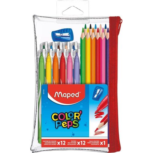 Chenquansarl-Trousse Garnie Transparente Color'peps - 12 Crayons De Couleur + 12 Feutres Lavables Et Résistants Au Séchage + 1 Taille Crayon - Trousse Réutilisable Zippée