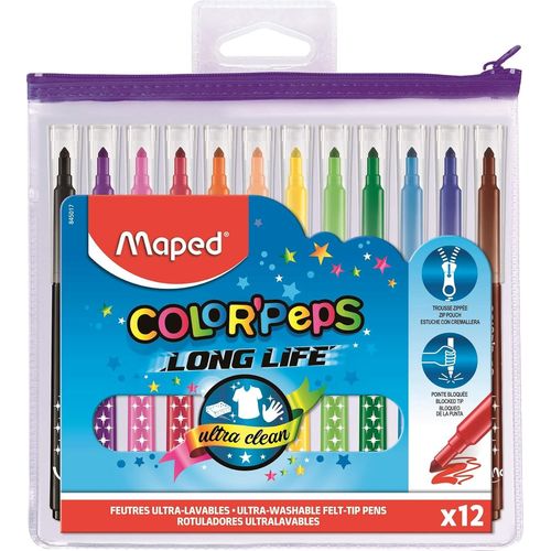 Chenquansarl-Feutres Long Life - 12 Feutres De Coloriage Ultra-Lavables Et Longue Durée - Pointe Moyenne Bloquée - Couleurs Vives - Idéal Fournitures Rentrée Scolaire - Trousse Plastique Zippée, Ecru