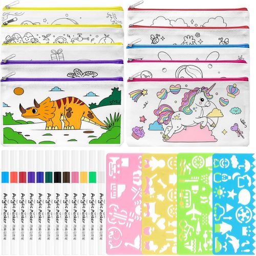 Chenquansarl-Trousse Personnalisable, 10 Pièces Trousse À Décorer Et 12 Pièces Feutre Acrylique Cadeau Invite Anniversaire Enfant Pochette Personnalisable Cadeau Pour Fête Des Mères Fête Des Pères No