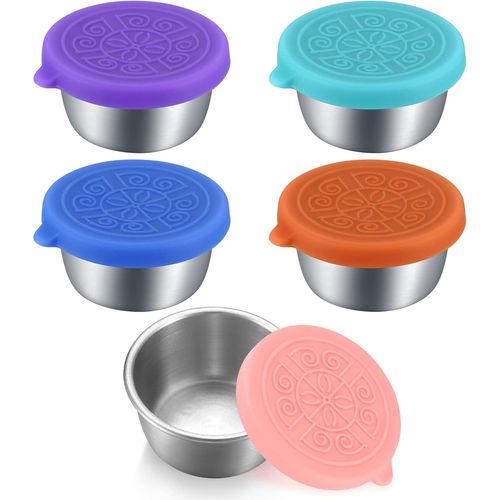 Yemaesre-5 Pièces Récipient À Vinaigrette, 50ml Petit Récipient À Sauce En Acier Inoxydable Avec Couvercles En Silicone, Boîte À Alimentaire Essing Réutilisables, Pour Pique-Niquer, Transporter, Voya