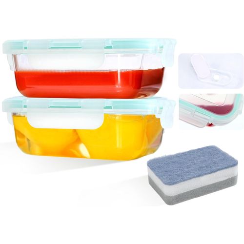 Yemaesre-Boite Conservation Verre - 2 Pièce 640 Ml (2 Récipient, 2 Couvercle, Gratuit Cadeau 1 Éponge De Nettoyage) Étanche, Boite Alimentaire Verre - Sans Bpa - Recipient Verre Avec Couvercle