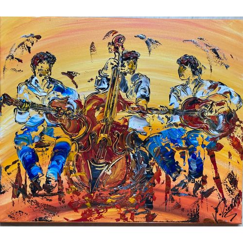 Tableau Musiciens Guitare Contrebasse - Peinture Sur Toile Musique 55x46cm Neuve 