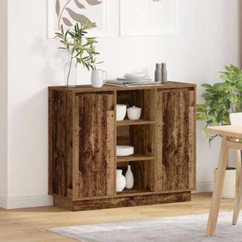 Buffet Avec Led En Bois D'ingenierie Vieilli | 90x32x75 Cm, 3 Etages, 5 Compartiments, Rangement Ample, Compact, Gain De Place, Style Rustique