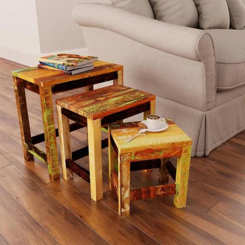 Table Gigogne En Bois De Recuperation Vintage | Ensemble De 3 Pieces, Compact, Gain De Place, Multifonctionnel