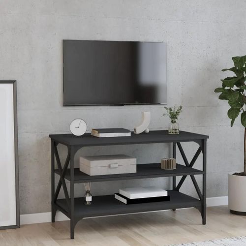 Meuble Tv En Bois D'ingenierie Noir | 80x40x50 Cm, Compact, Gain De Place, 2 Etageres De Rangement, Style Industriel Moderne